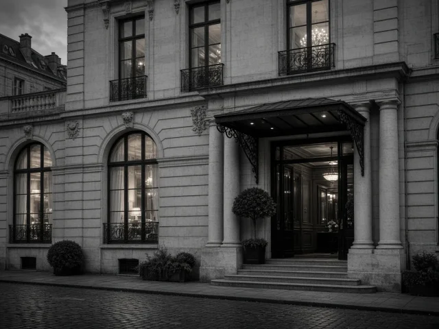 Boutique hotel facade at dusk