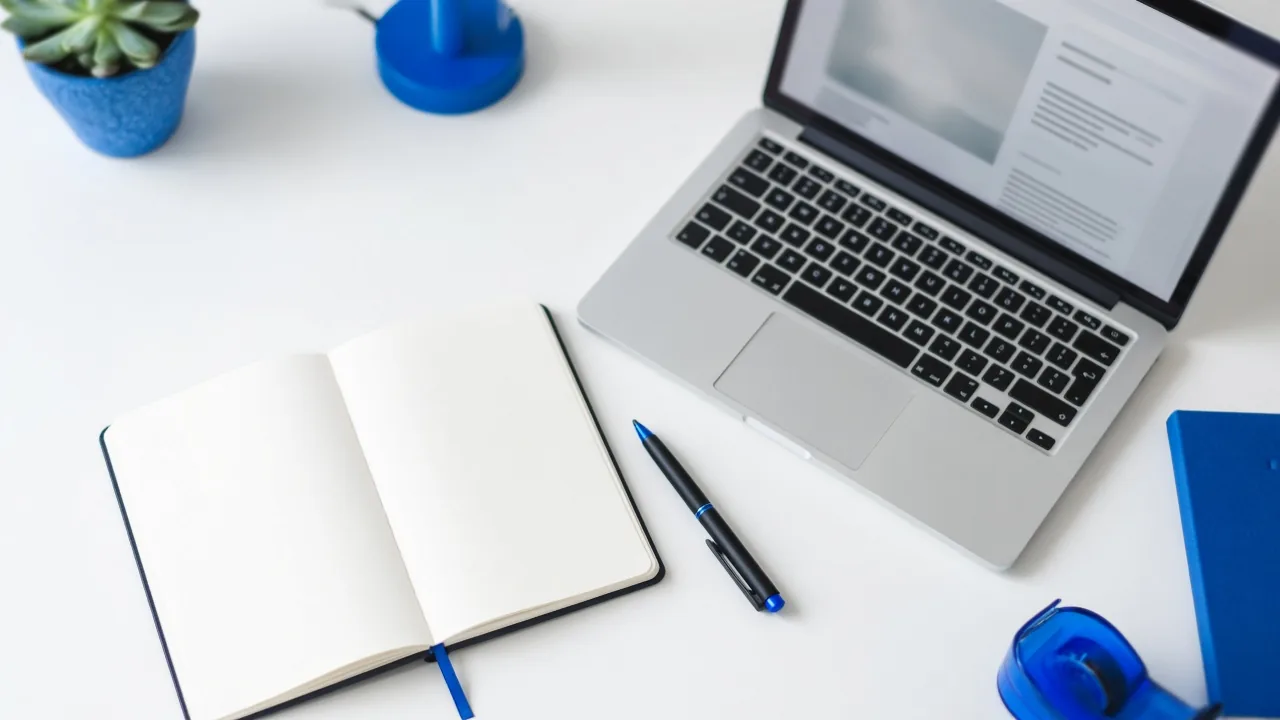 Minimal workspace with notebook and laptop
